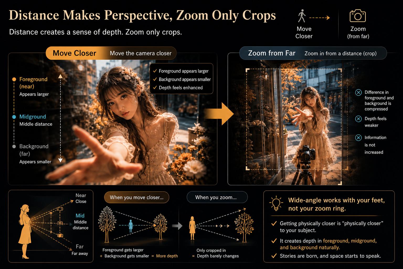 Distance makes perspective, zoom only crops diagram