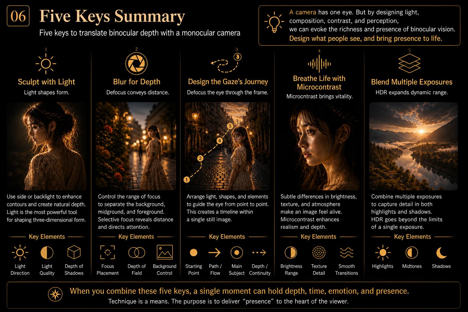 Five Keys Summary diagram for simulating binocular perception with a monocular camera